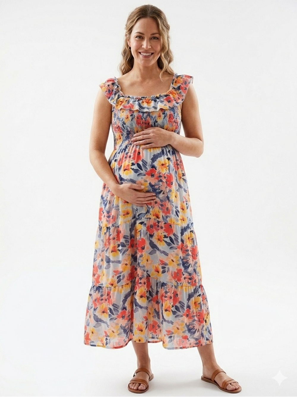Ingrid & Isabel Floral Ruffle Maxi Dress in Coral, Yellow & Navy